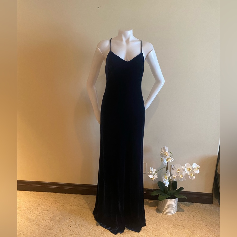 Evening maxi dress velvet navy blue straps formal small medium